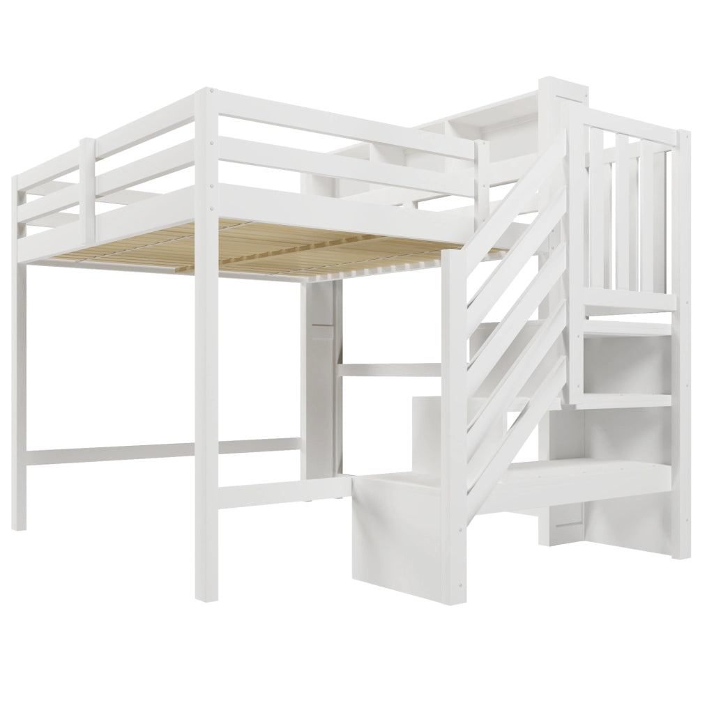 Letto a castello 140x200 cm con LED; scala con contenitore e protezioni; bianco