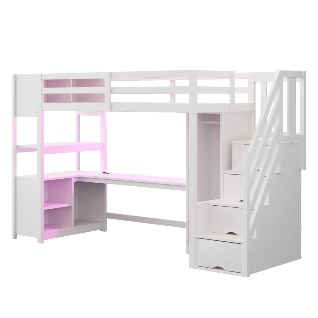 Letto a Soppalco con Scrivania e Armadio ¨C MINIMAL ¨C Legno Bianco, LED, 90x200