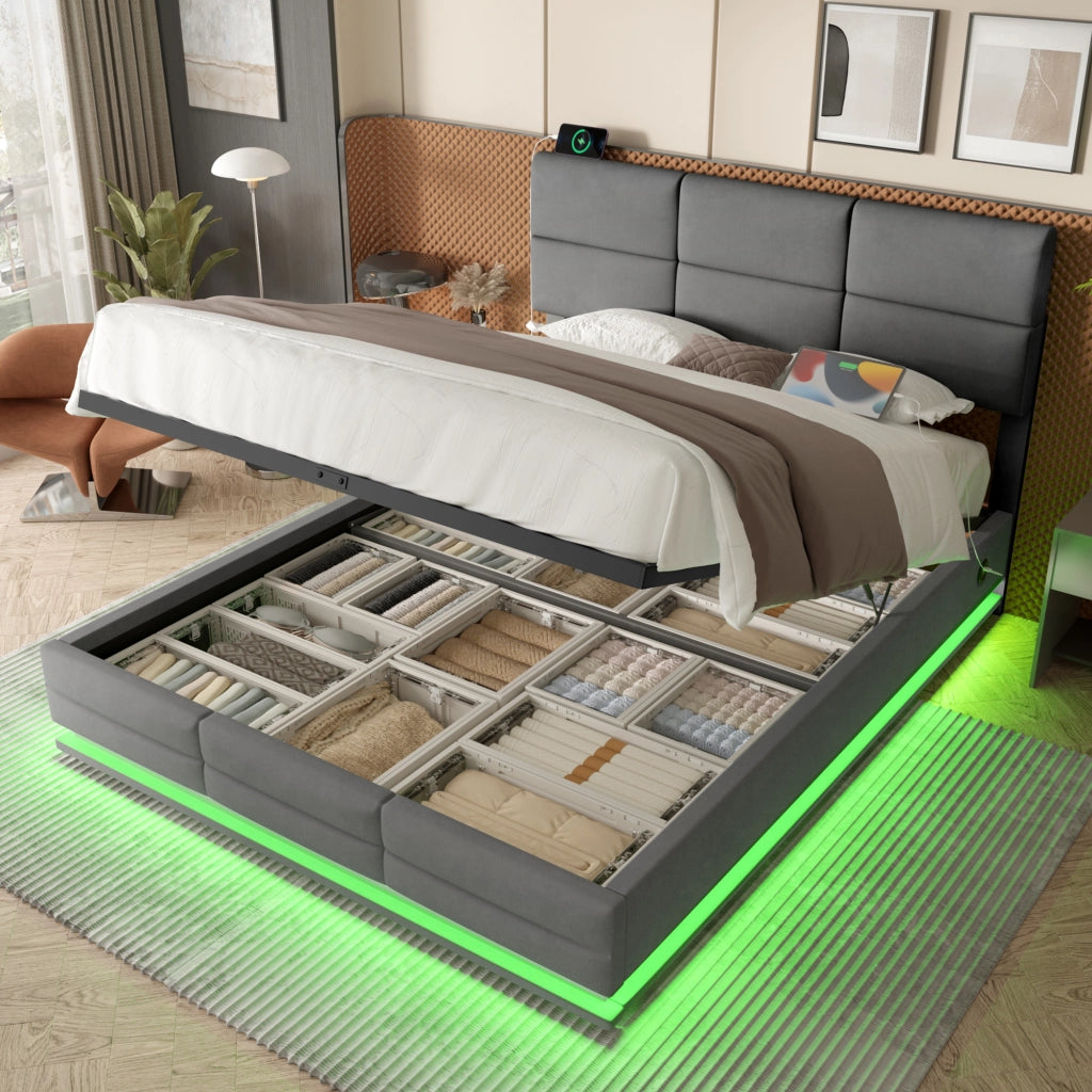 Letto Matrimoniale 180x200 cm con LED; USB; Type-C e contenitore; testiera regolabile