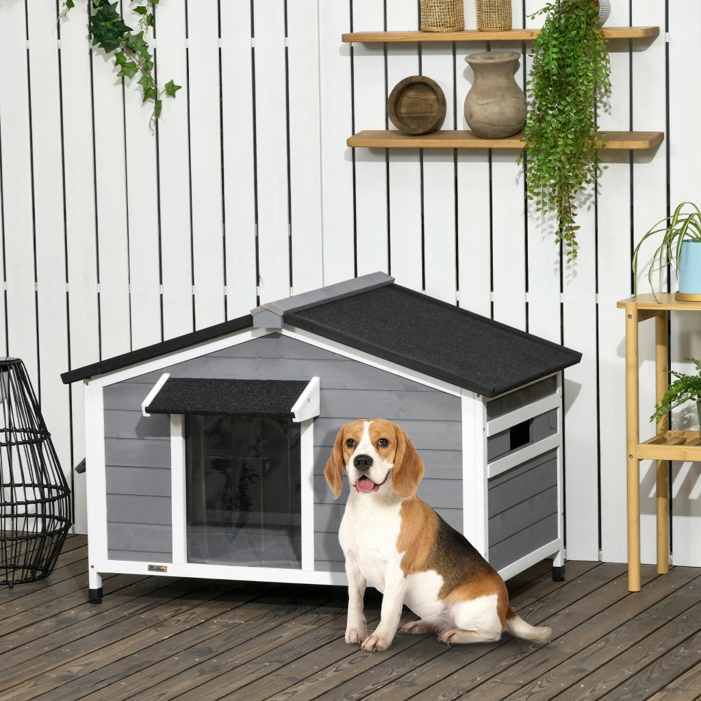 Cuccia per Cani in Legno Rialzata ¨C Xylo ¨C con Tenda e 2 Finestre, 109x79x72 cm