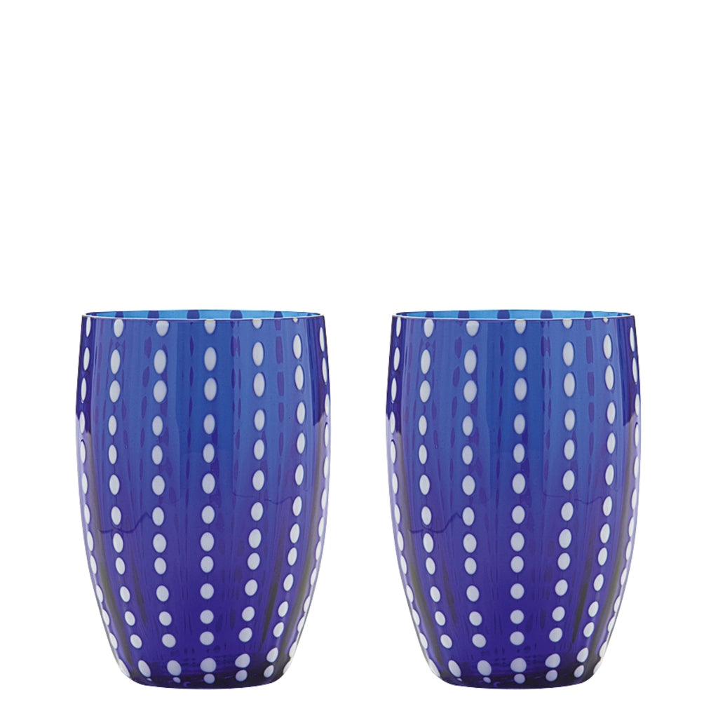 Zafferano Perle Bicchiere Blu - Vetro Colorato Soffiato a Bocca, 32 cl, Lavorato a Mano - Set da 2 Tumblers Artigianali per Acqua o Cocktail