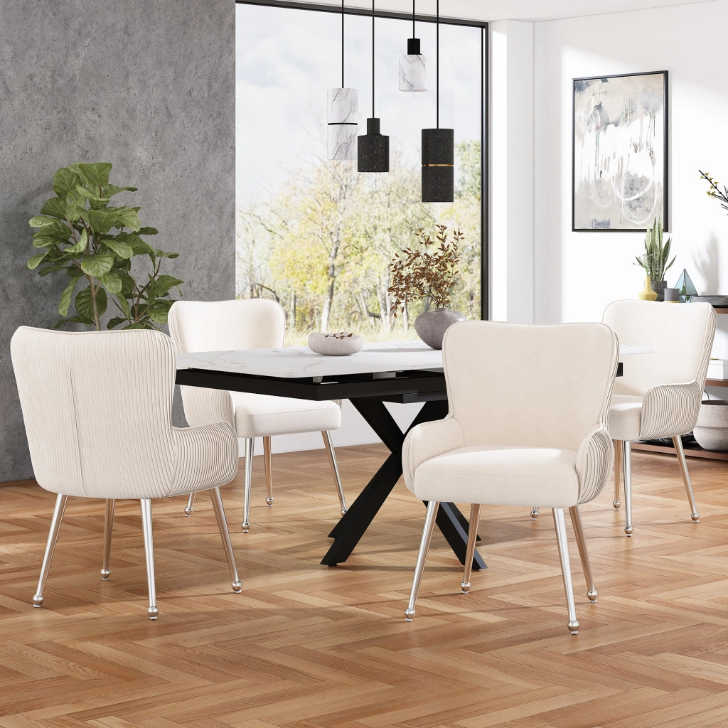 Sedia da pranzo in velluto set 6 pezzi con braccioli supporto lombare e gambe metalliche beige