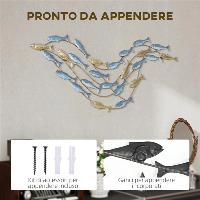 WALL ART BANCO DI PESCI IN METALLO CON VITI INCLUSE, 99.7X3.8X50.2 CM, ORO E BLU