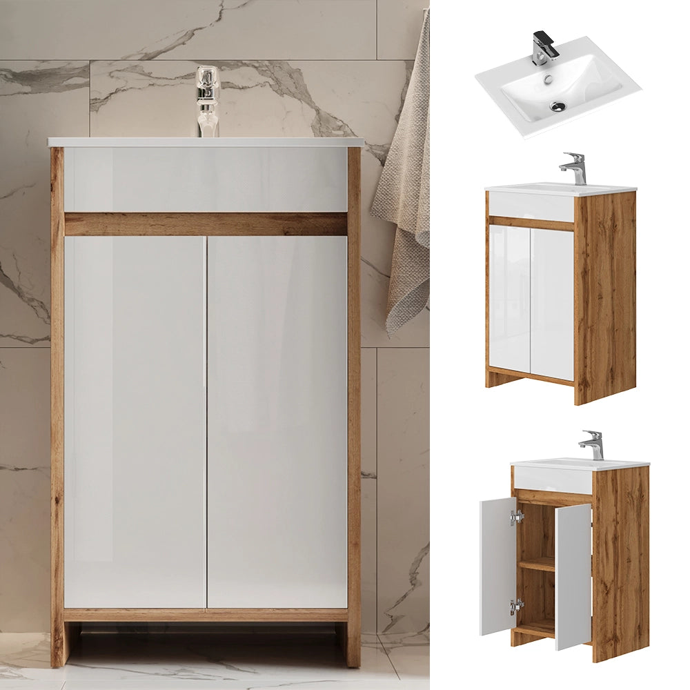 Vicco Set mobili bagno Quercia dorata 2 parti, con lavabo e 2 ante a battente