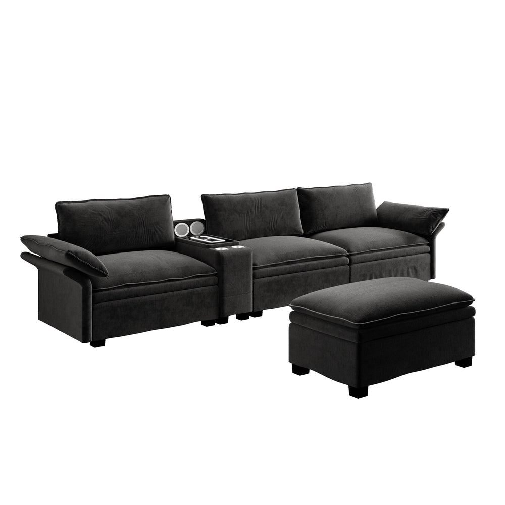 Divano Angolare Modulare con Contenitore, Portabicchieri e Luce ¨C Xylo ¨C Chenille Nero 315cm