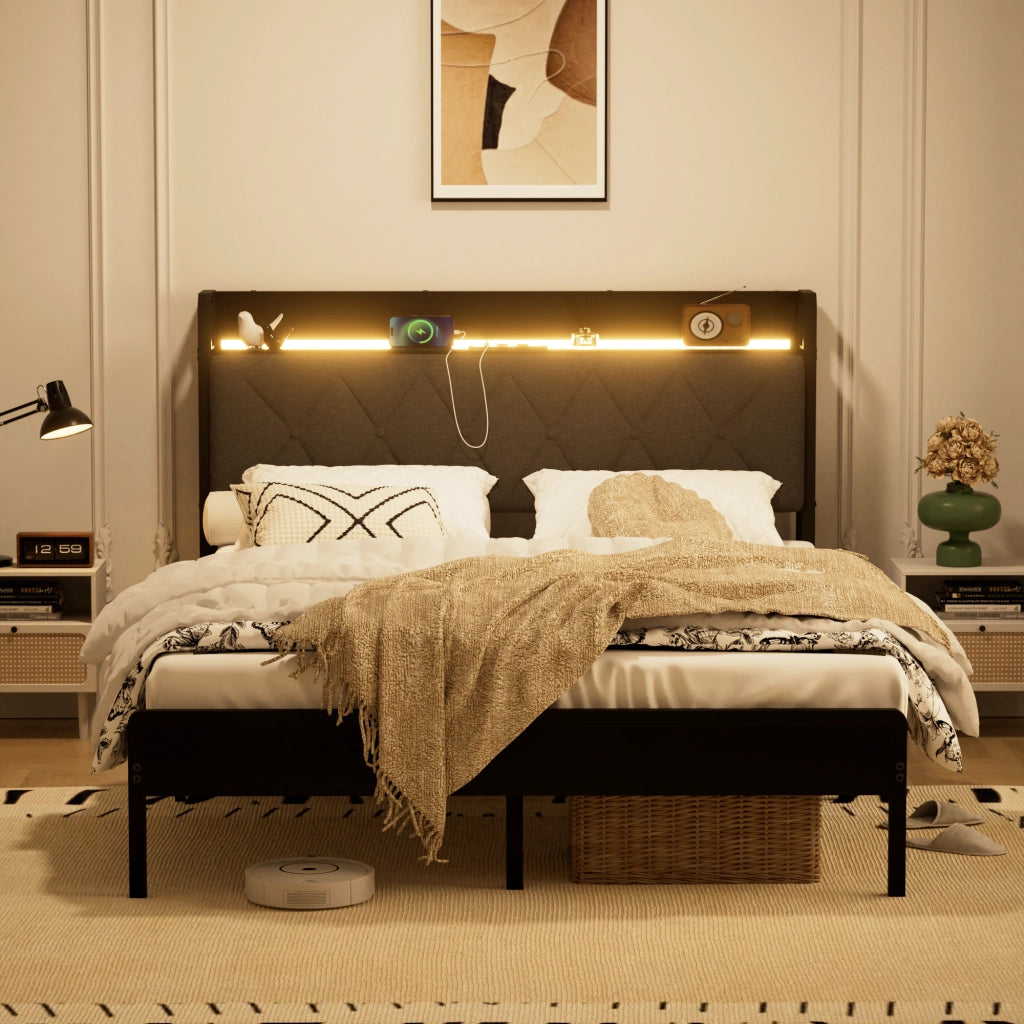 LETTO Imbottito 140x190 cm Nero Grigio con testiera LED e USB