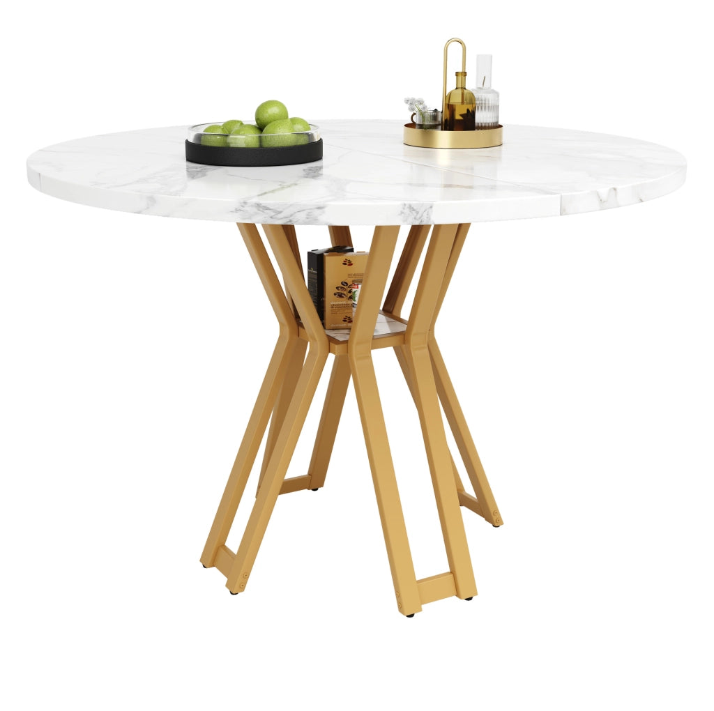 Tavolo da pranzo rotondo 100x100x76 cm in MDF e metallo; bianco e oro