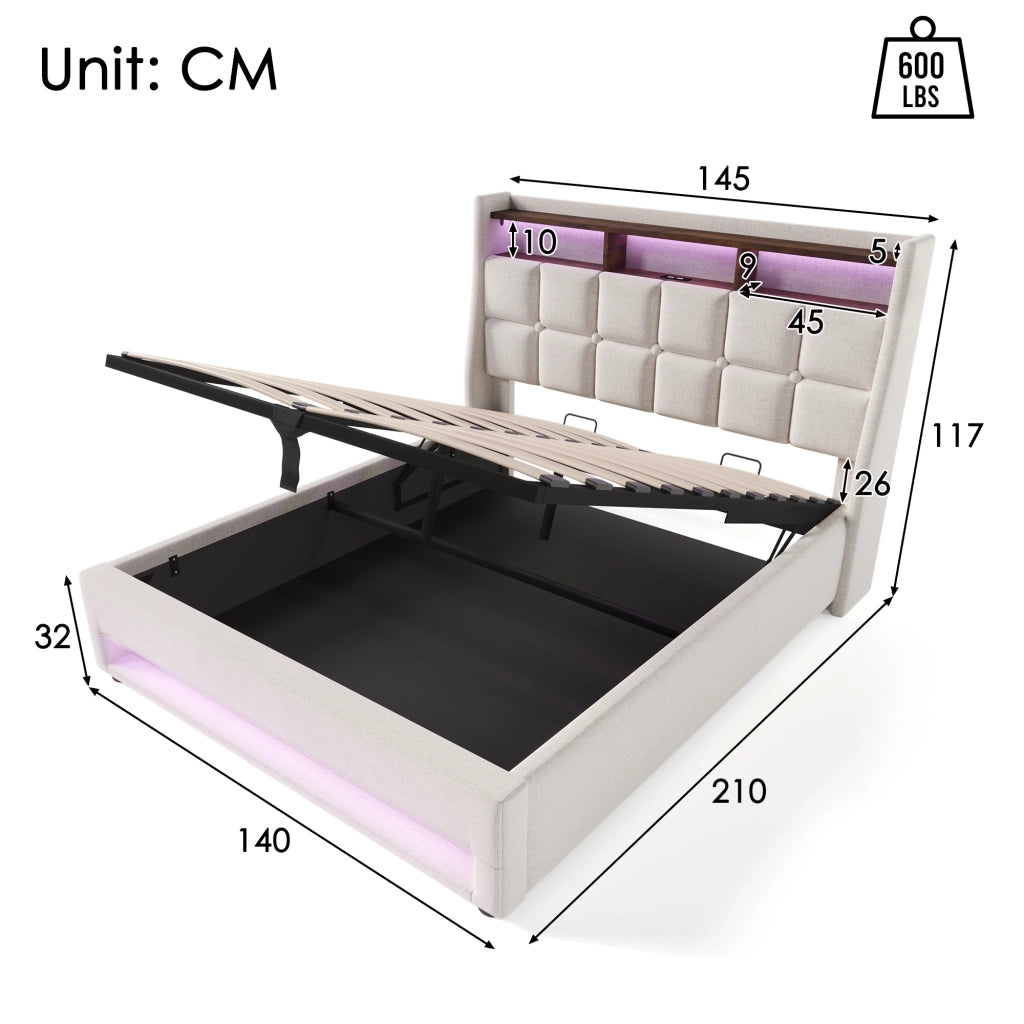 LETTO imbottito 140x200 cm Beige con LED e USB