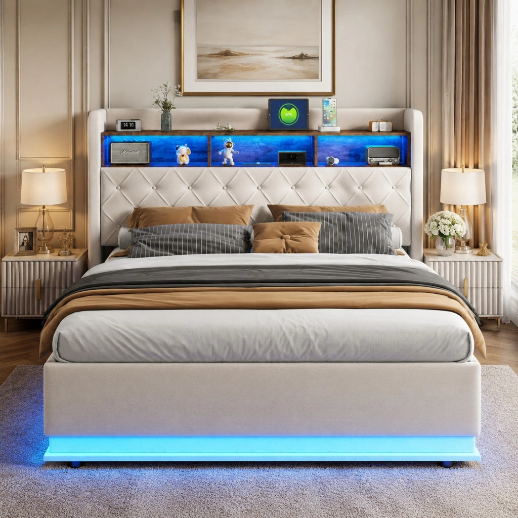 LETTO Imbottito 180x200 cm Beige con LED, USB e vano contenitore