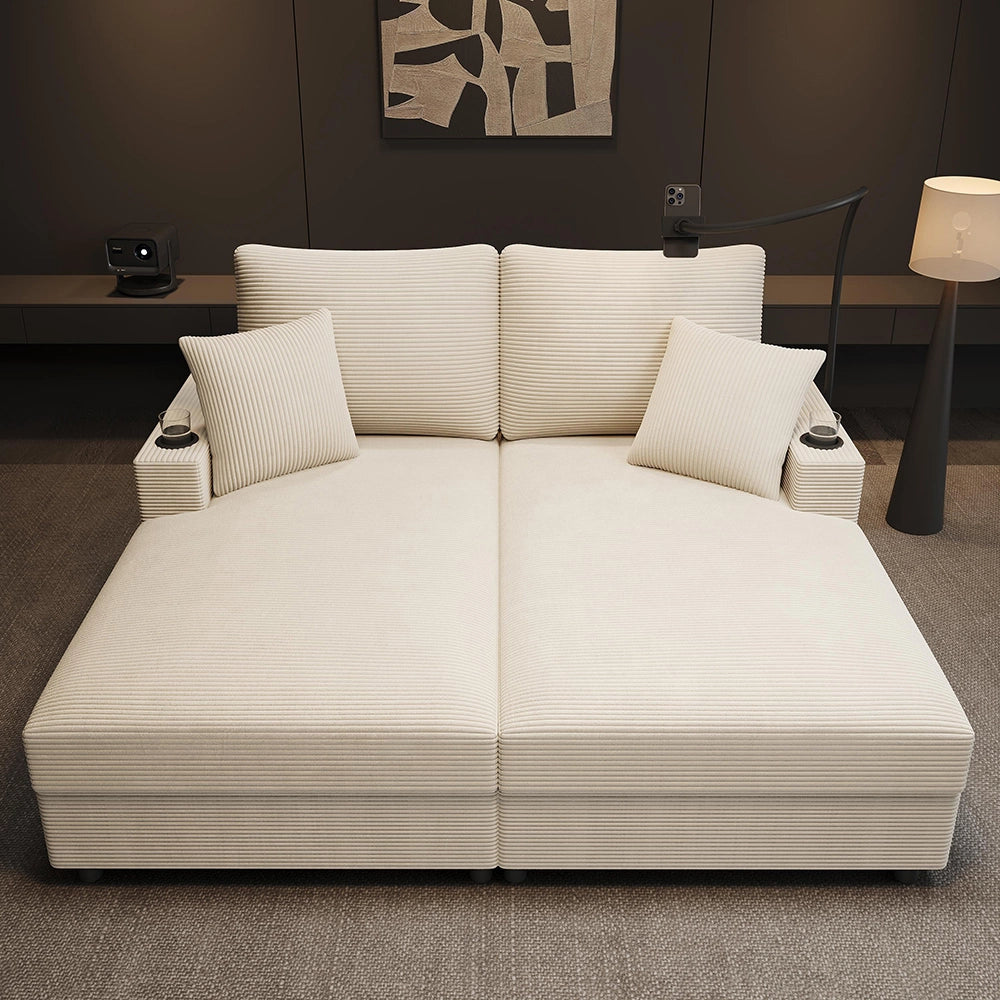 Divano letto XXL - Xylo - Doppio, USB, porta bicchieri, beige, imbottito