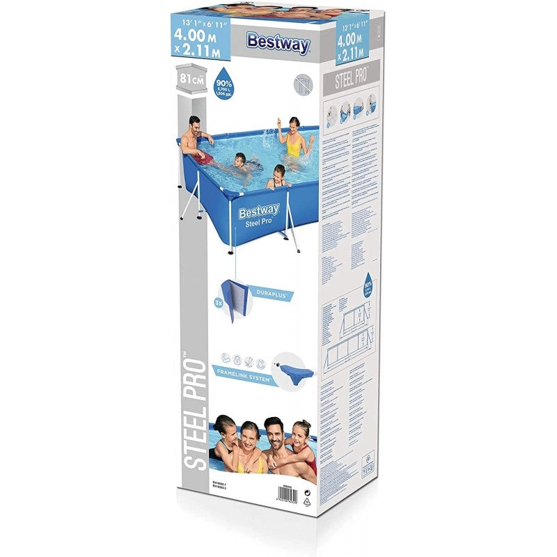 Piscina fuori terra rettangolare con telaio in acciaio, dimensioni 400x211x81 cm capacità 5700 L, per giardino e famiglia - Bestway