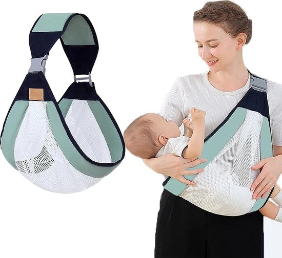 Porta bebè, sacchetto per neonati, posizione orizzontale, tessuto mesh traspirante, morbido e idoneo per la pelle, fazzoletto per la spalla, regolabile, facile da utilizzare, leggero, adatto per bambini di 0-3 anni (verde chiaro)