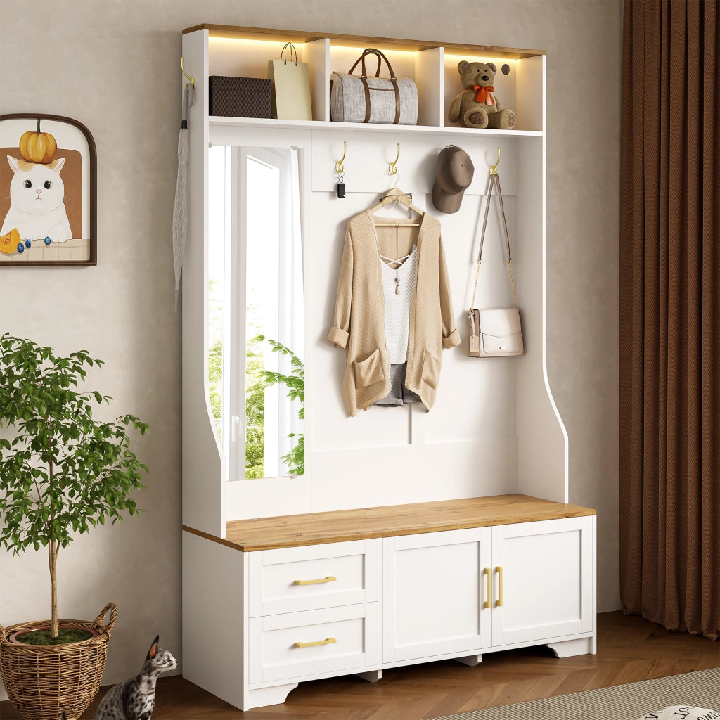 OKWISH Mobile da Ingresso con 2 Ante e 2 Cassetti, Specchio, Ganci, LED e Seduta, per Ingresso, MDF, Bianco e Legno, 120×40×187 cm