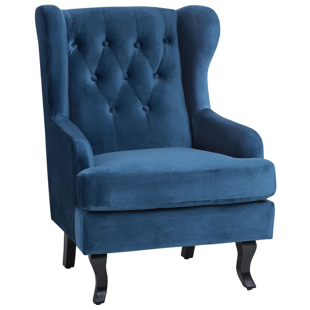 Sedia Wingback con rivestimento in velluto blu e gambe nere in stile scandinavo