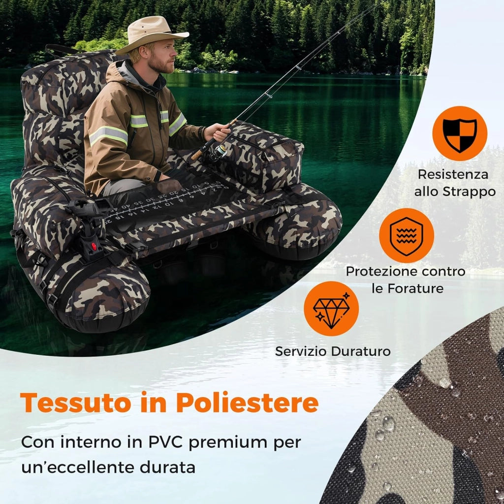 Galleggiante da Pesca Gonfiabile, Barca da Pesca Portatile con Spallacci, Pompa Manuale, Remi, Pinne, Supporto per Canna da Pesca, Righello per Pesci e Spazi di Stoccaggio, Portata 150 kg