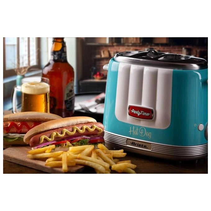 Ariete 206 Party Time Macchina per Hot Dog 650 W 4 Spazi di Cottura 5 Livelli Regolabili Espulsione Automatica colore Celeste