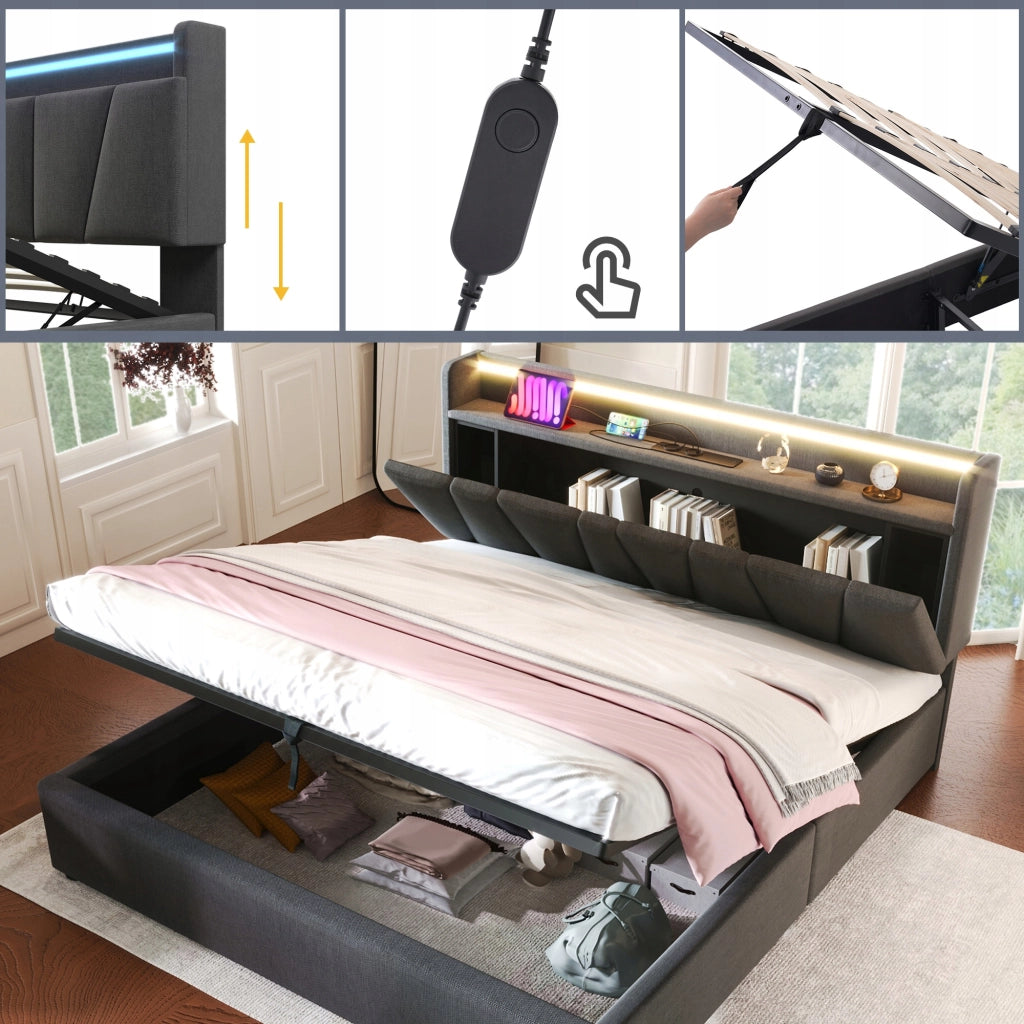 Letto imbottito 140x200 grigio con USB e LED - Xylo