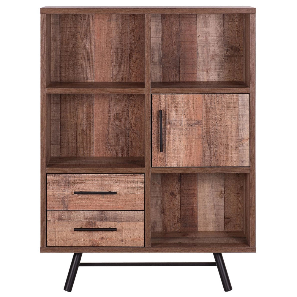 Libreria in Legno Chiaro con Gambe Nere 131 cm 2 Cassetti 1 Mobiletto 4 Ripiani Rustico