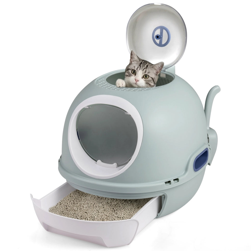 Lettiera per gatti con coperchio stile elicottero  frontale uscita ribalta-Toilette per gattini cassetto portatile piccoli medi fino a 10 kg Blu