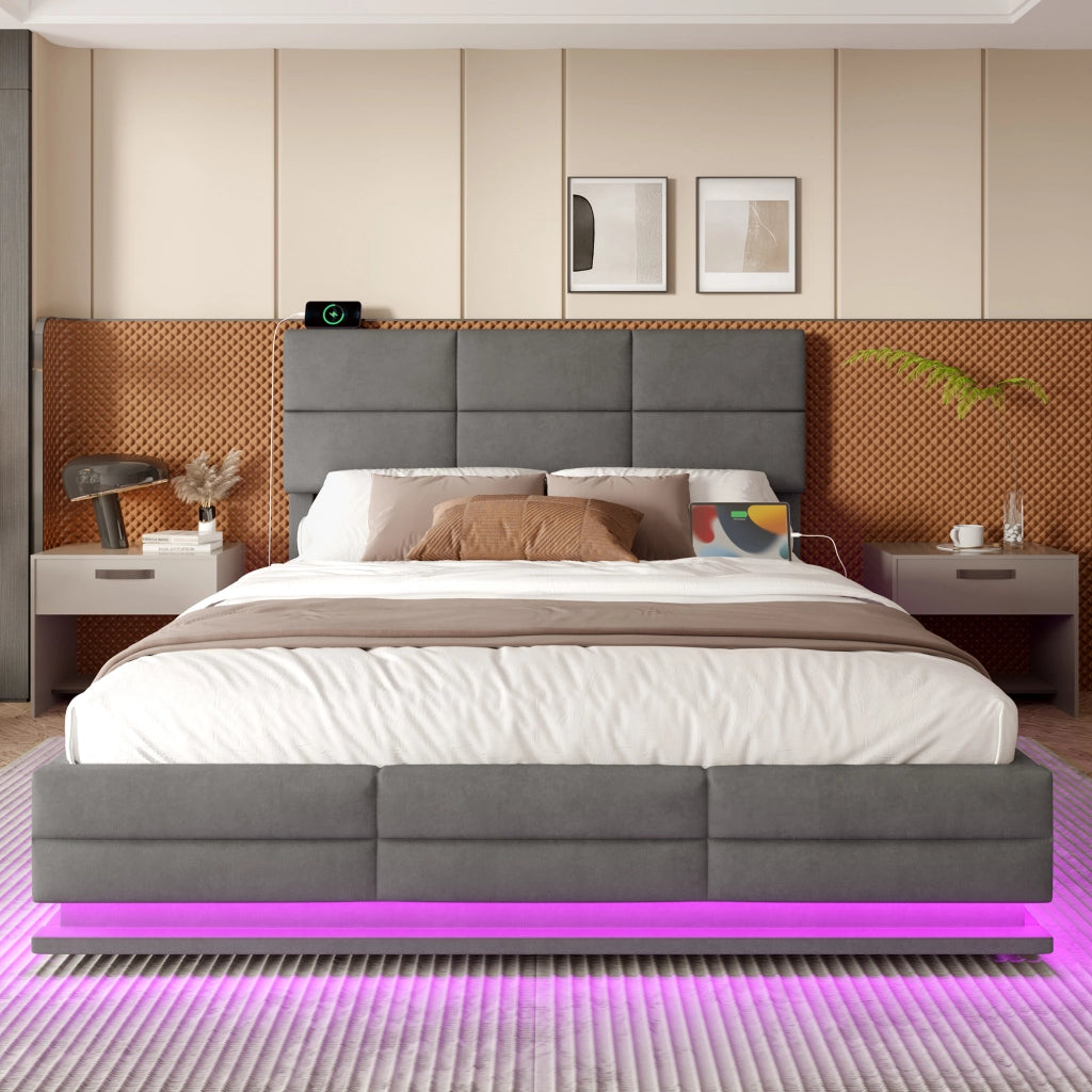Letto Matrimoniale 180x200 cm con LED; USB; Type-C e contenitore; testiera regolabile
