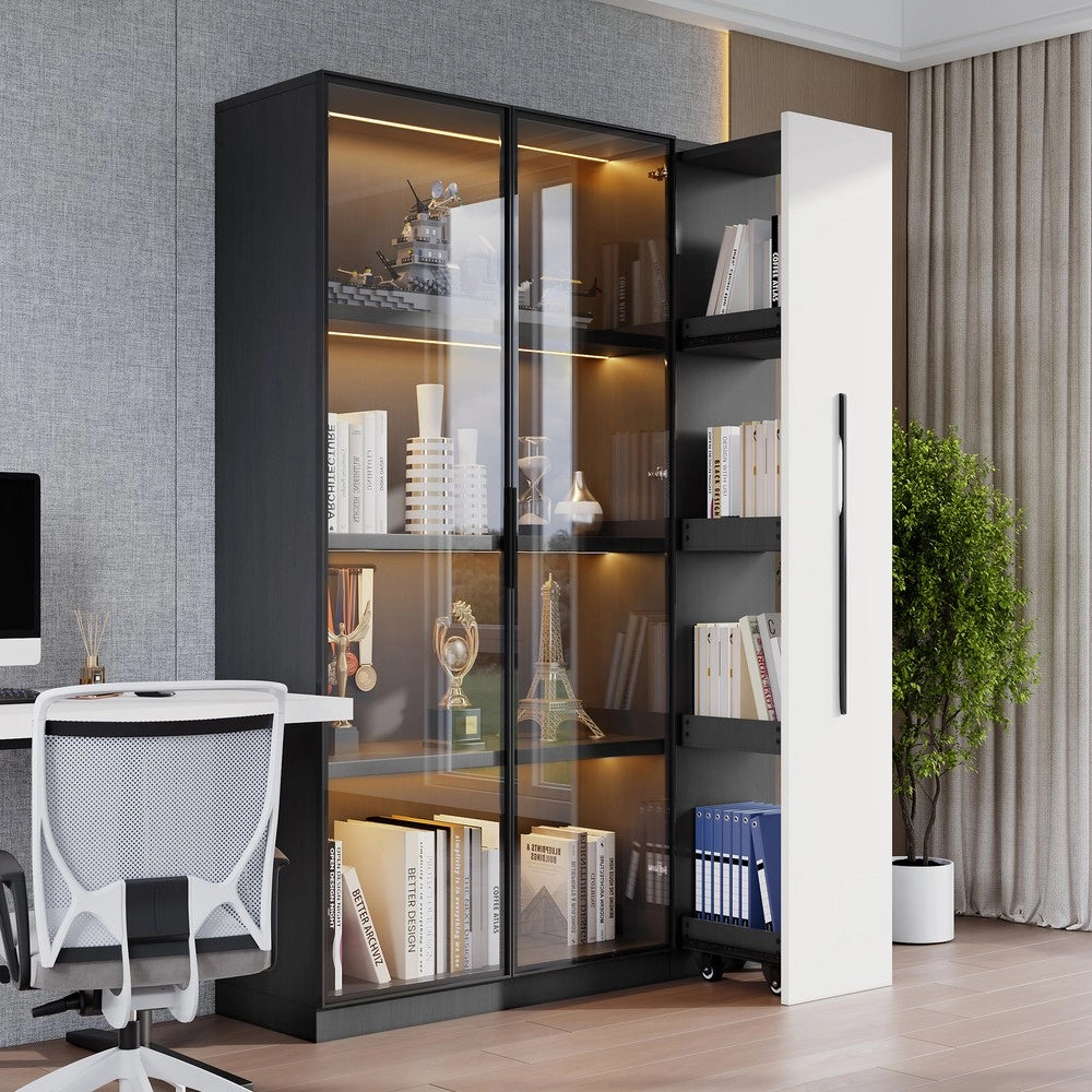 Armadio Multifunzione con Vetrina LED e Ripiani ¨C MINIMAL ¨C Bianco e Nero, 110x35x160 cm