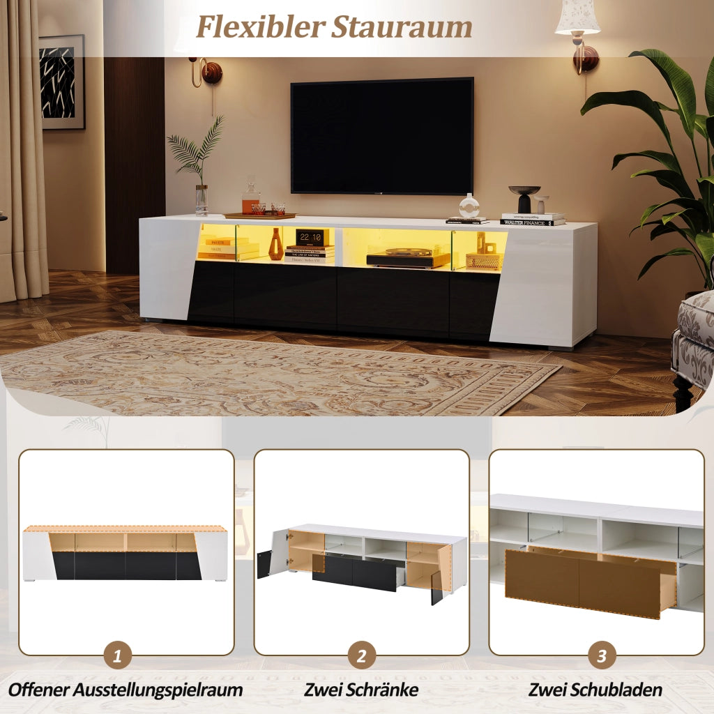 Mobile TV stand bianco e nero in MDF e vetro; lunghezza 180 cm