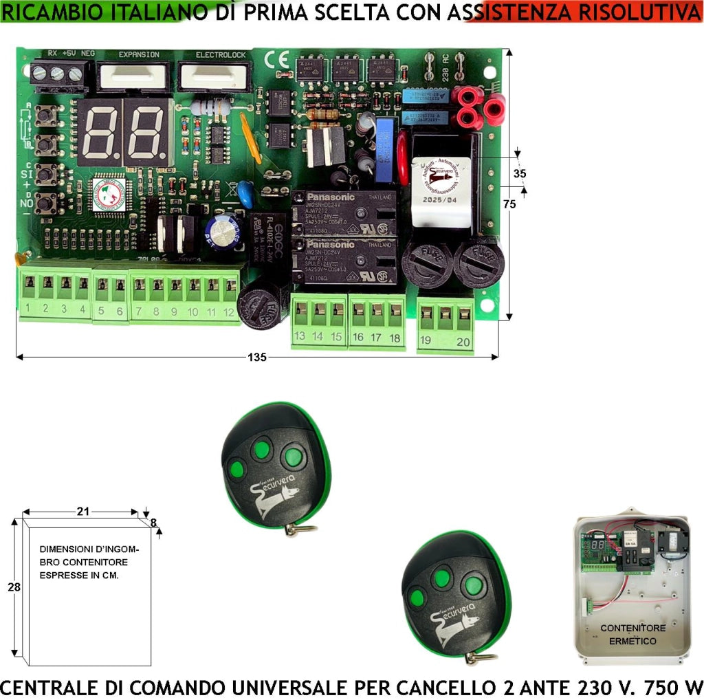 Centralina Cancello 2 Ante 230 V 2 Radiocomandi Programma Singolo Motore Funzioni Tempi Forza Sensibilità all'Ostacolo Aliment. Accessori 24 V Lampeggi Differenziati Simile Proteco VDS Came Univers