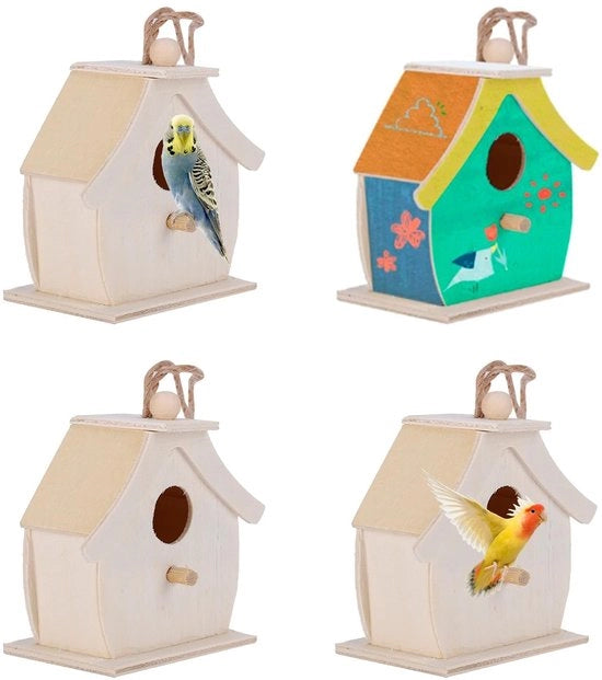Set di casette per uccelli 4 pezzi mini - casette per uccelli in legno - nidi per uccelli appesi - legno da montaggio DIY non finito - adatto per bambini - dimensioni 7x4x7 cm - nido per uccelli