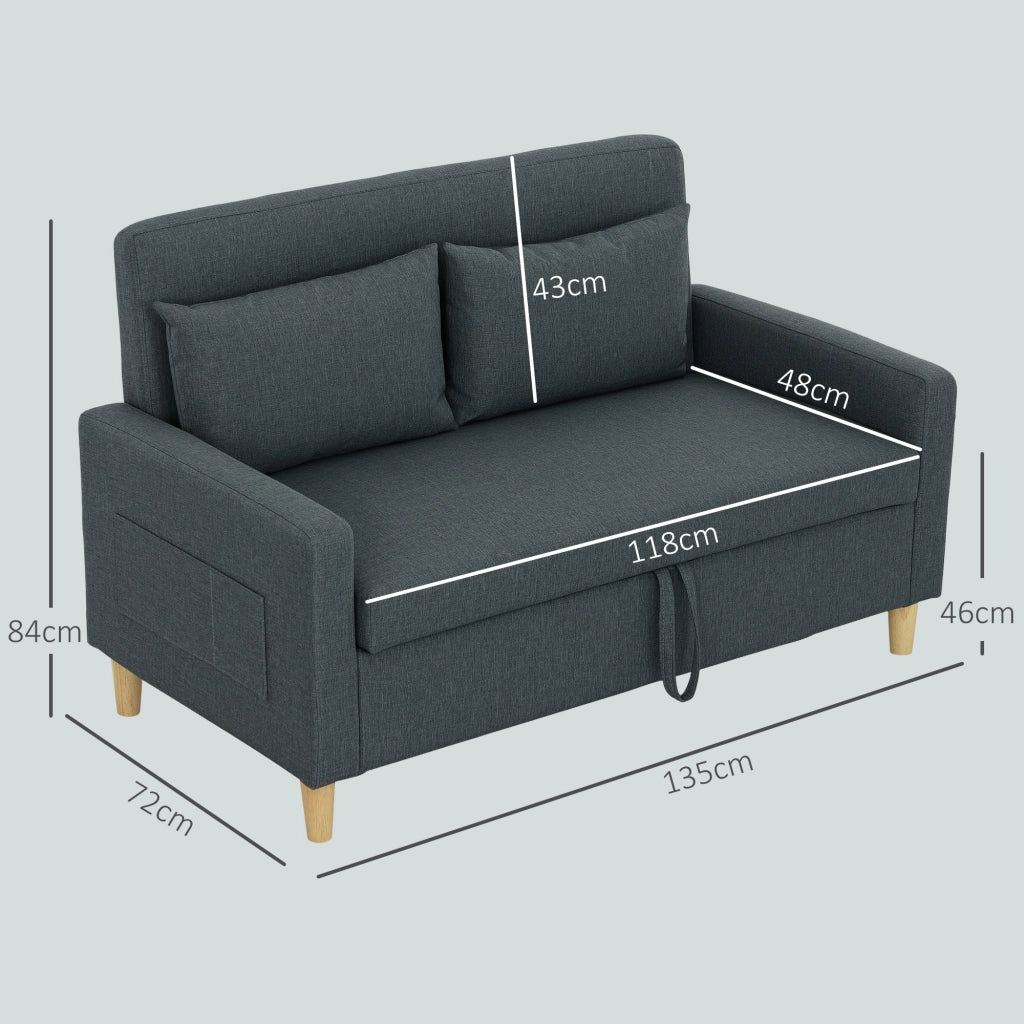 Divano 2 Posti con Cuscini e Contenitore in Tessuto e Legno ¨C Minimal ¨C Grigio Carbone 135x72x84