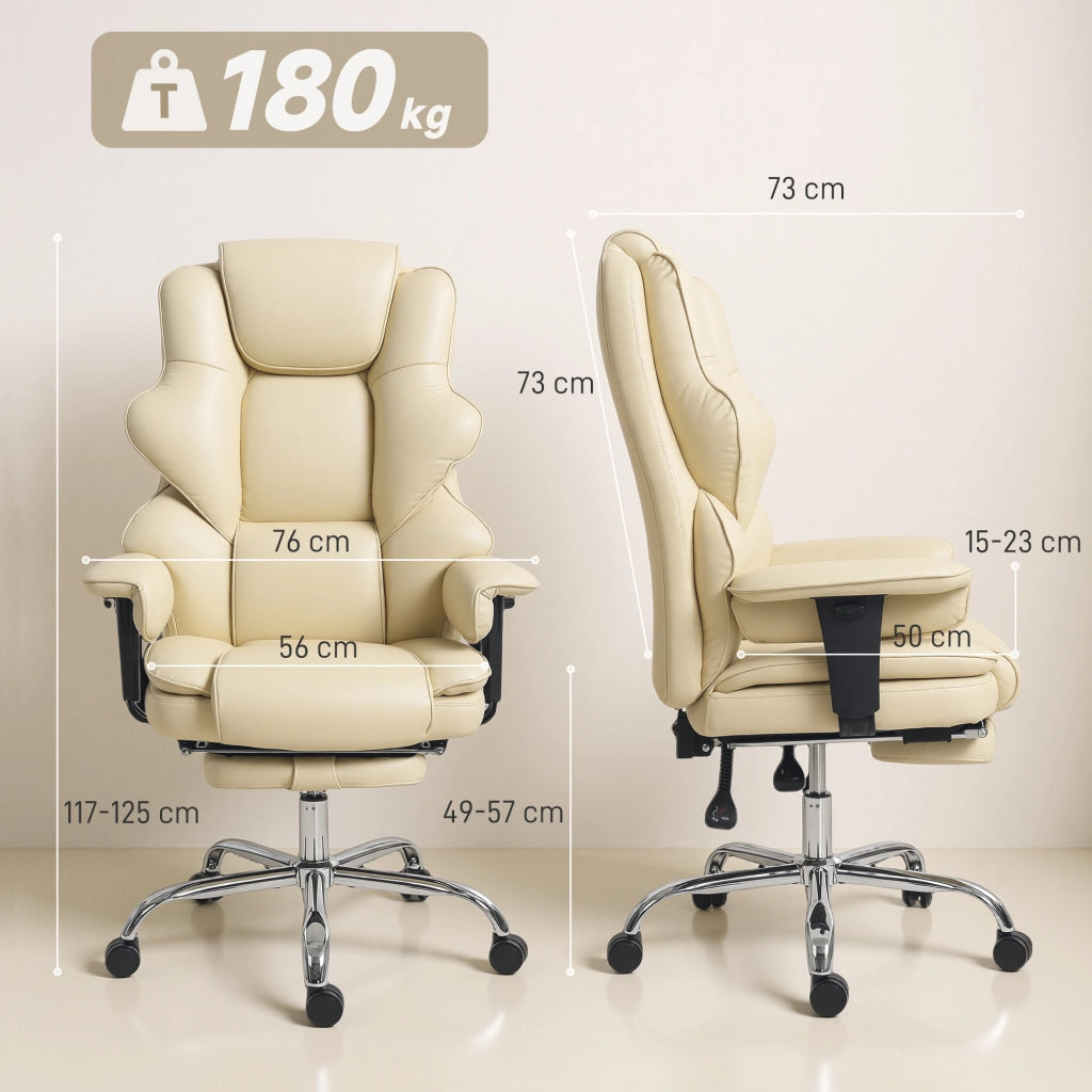 Sedia da Ufficio con Poggiapiedi e Poggiatesta 76x73x117-125 cm in Pelle PU Schiuma e Metallo Bianco Crema
