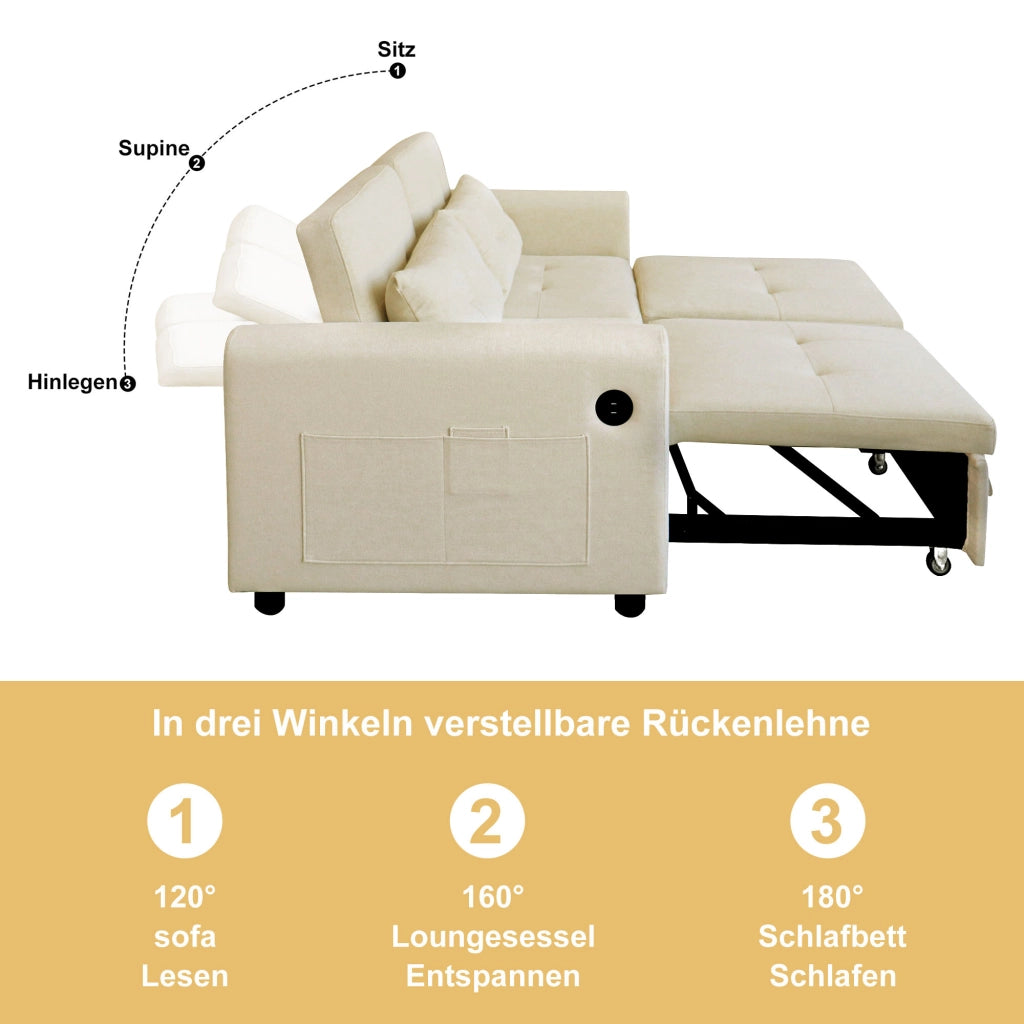 Divano Letto 2 Posti con Schienale Regolabile USB e Tasche Laterali in Cotone Lino Beige