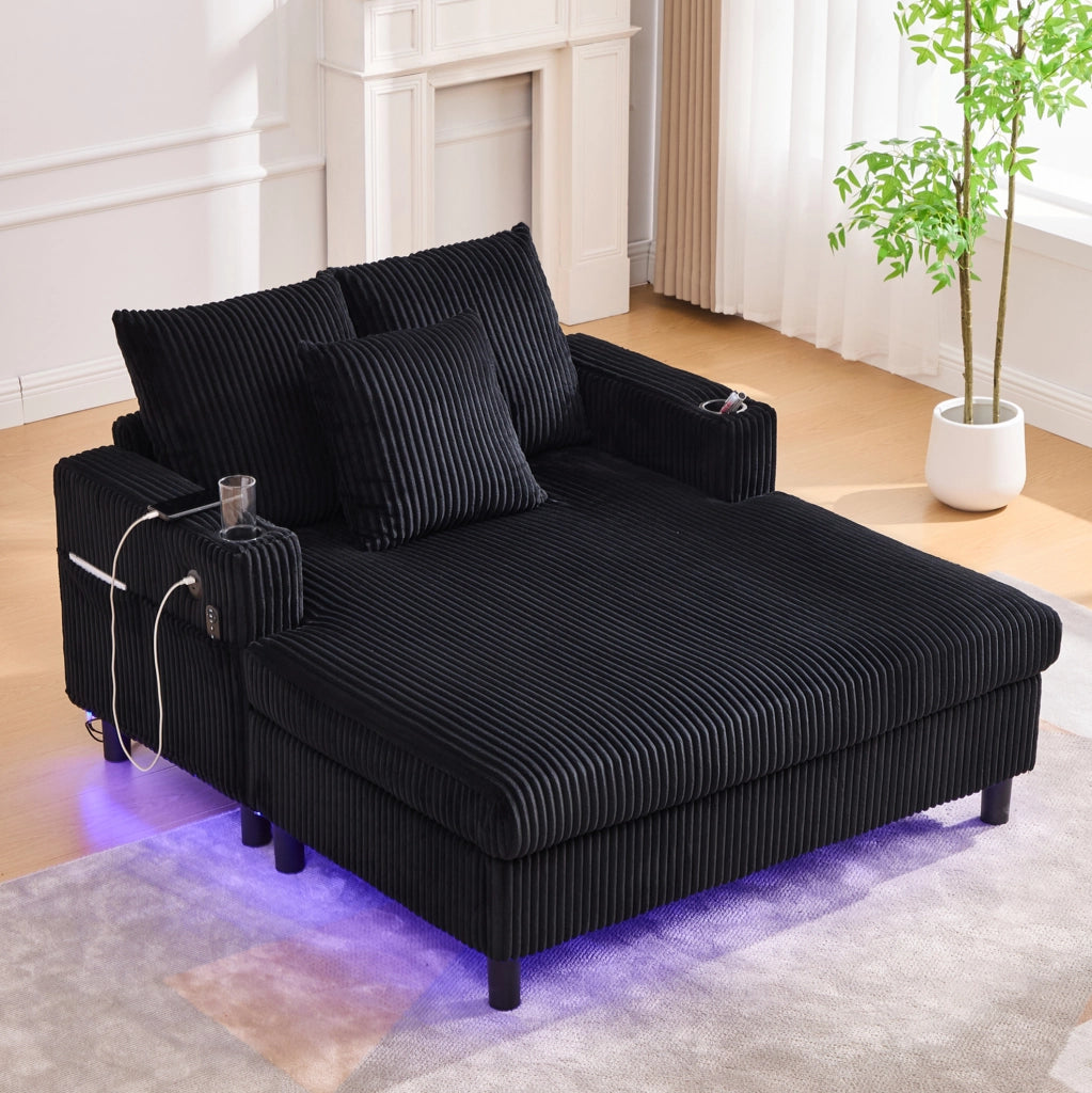 Poltrona relax oversize in velluto a coste nero con LED; USB; portabicchieri; 142 cm