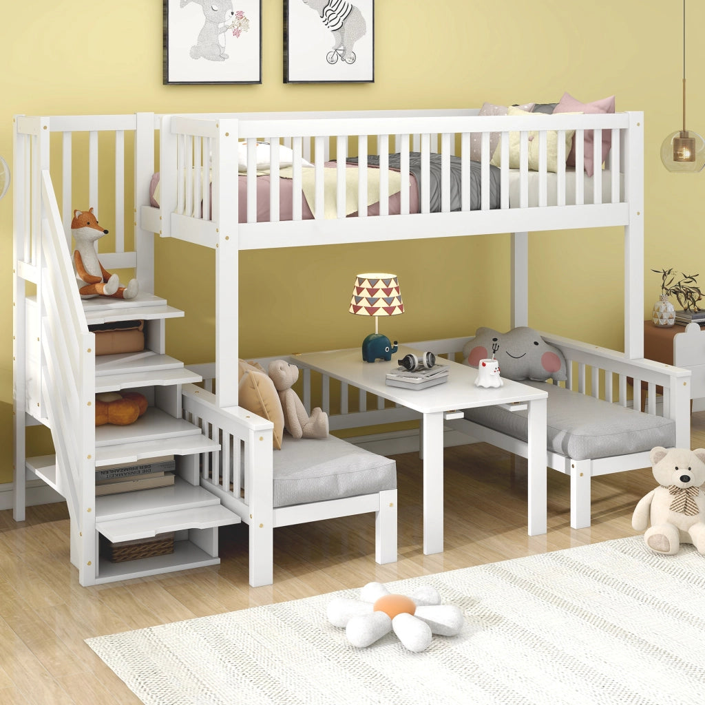 Letto a castello 90×200 cm e 120×200 cm; scala contenitore; tavolo sollevabile; senza materasso