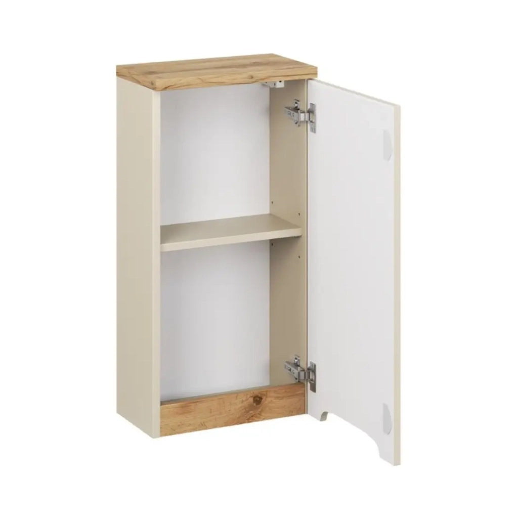 Set ERMANO cashmere e effetto quercia 150cm: mobile sottolavabo + lavabo da appoggio + mobili sospesi e da appoggio