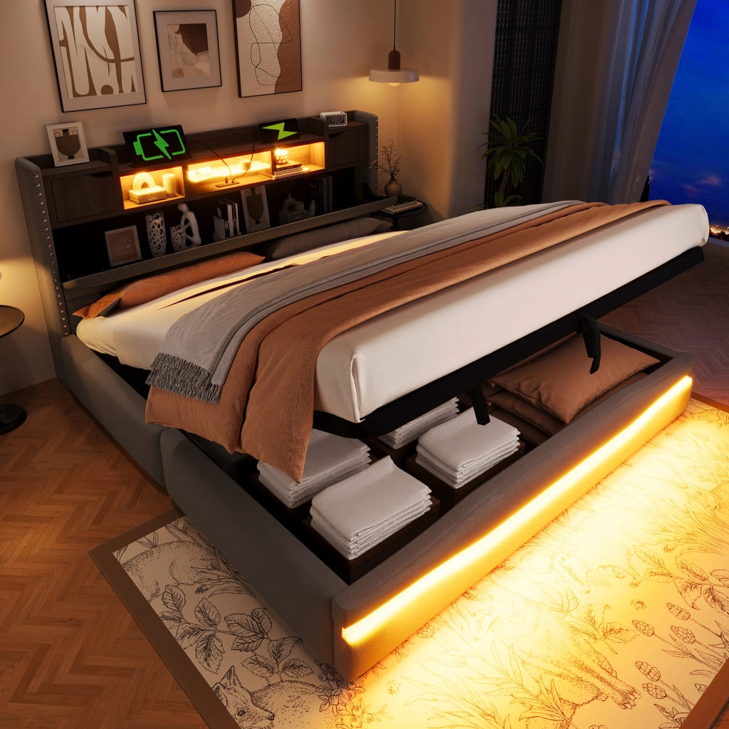 Letto imbottito grigio 180x200 con USB-C LED testiera con vano sollevamento idraulico