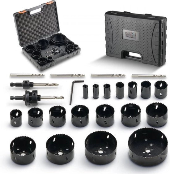 Set di seghe a genghe bimetalliche - 18 pezzi - 6 genghe binate - 38 mm - Accessori per foro - Adatto per legno, ferro, plastica e PVC