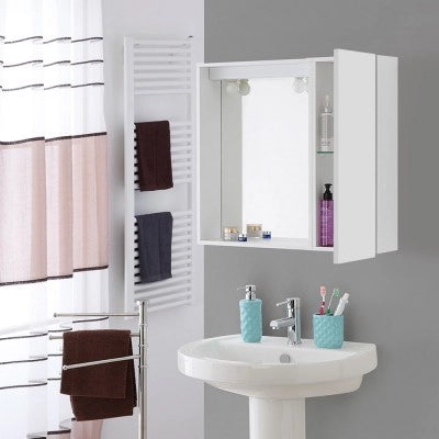 Specchio contenitore 68x61 cm bianco con anta e ripiano in vetro Desya