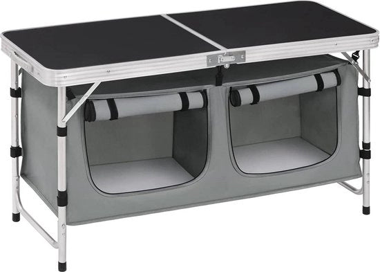 Tavolo da Campeggio - Tavolo Esterno - Scrivania Portatile - Lega di Alluminio Duraturo - Resistente alle Intemperie - Progettazione Compatta - Ripostiglio Integrato - 47 cm x (62-69,5) cm x 120 cm