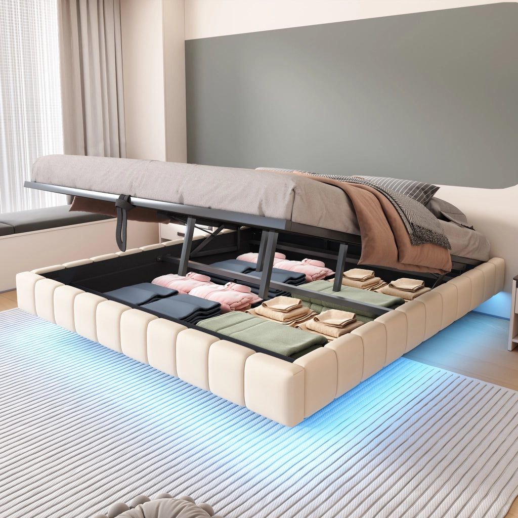 LETTO Imbottito Sospeso 180x200 cm Beige con LED e Contenitore