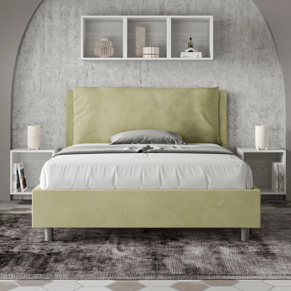 BS COM Letto matrimoniale francese senza rete imbottito 140x210 microfibra tè verde Large