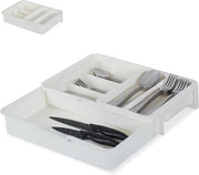 Scatola per Posate Estensibile 7 Comparti per Posate e Cucina in Plastica Dimensioni: 6x23.5x31.5cm Bianca