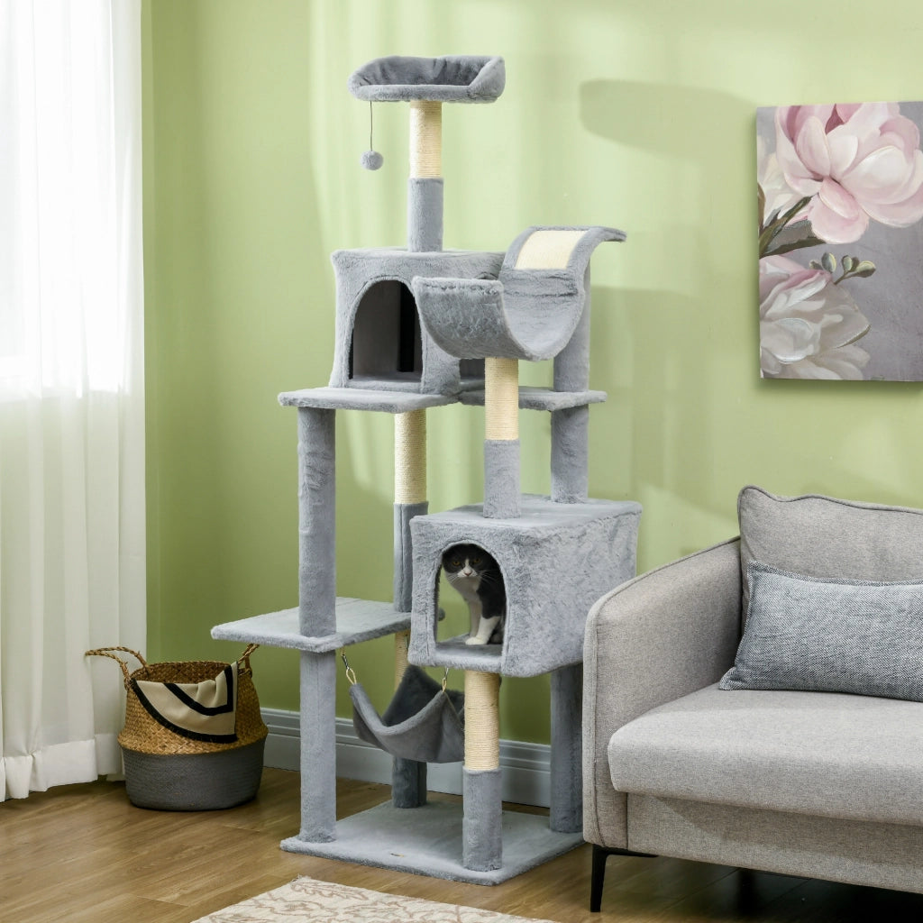 Tiragraffi per Gatti con Amaca e Casette ¨C Xylo ¨C Grigio e Bianco 55x49x177cm