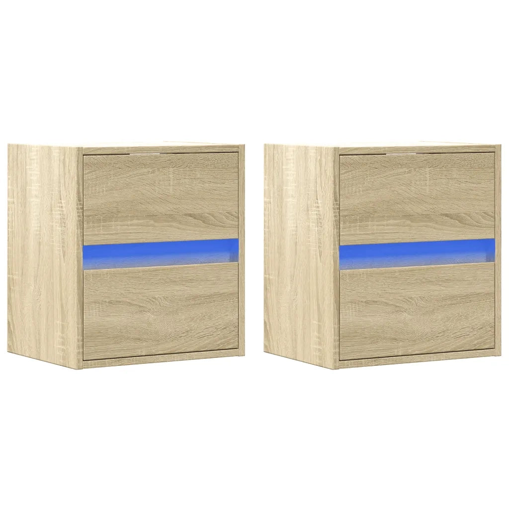 Set di 2 Comodini | Armadio da Notte | Mobiletto da notte a Parete con luci LED Rovere Sonoma