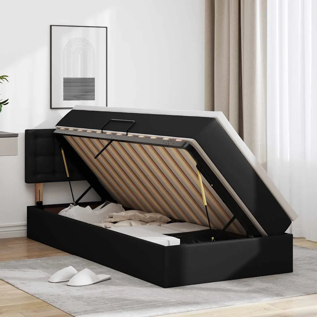 Letto con contenitore e LED Nero 90 x 200 cm Pelle Sintetica