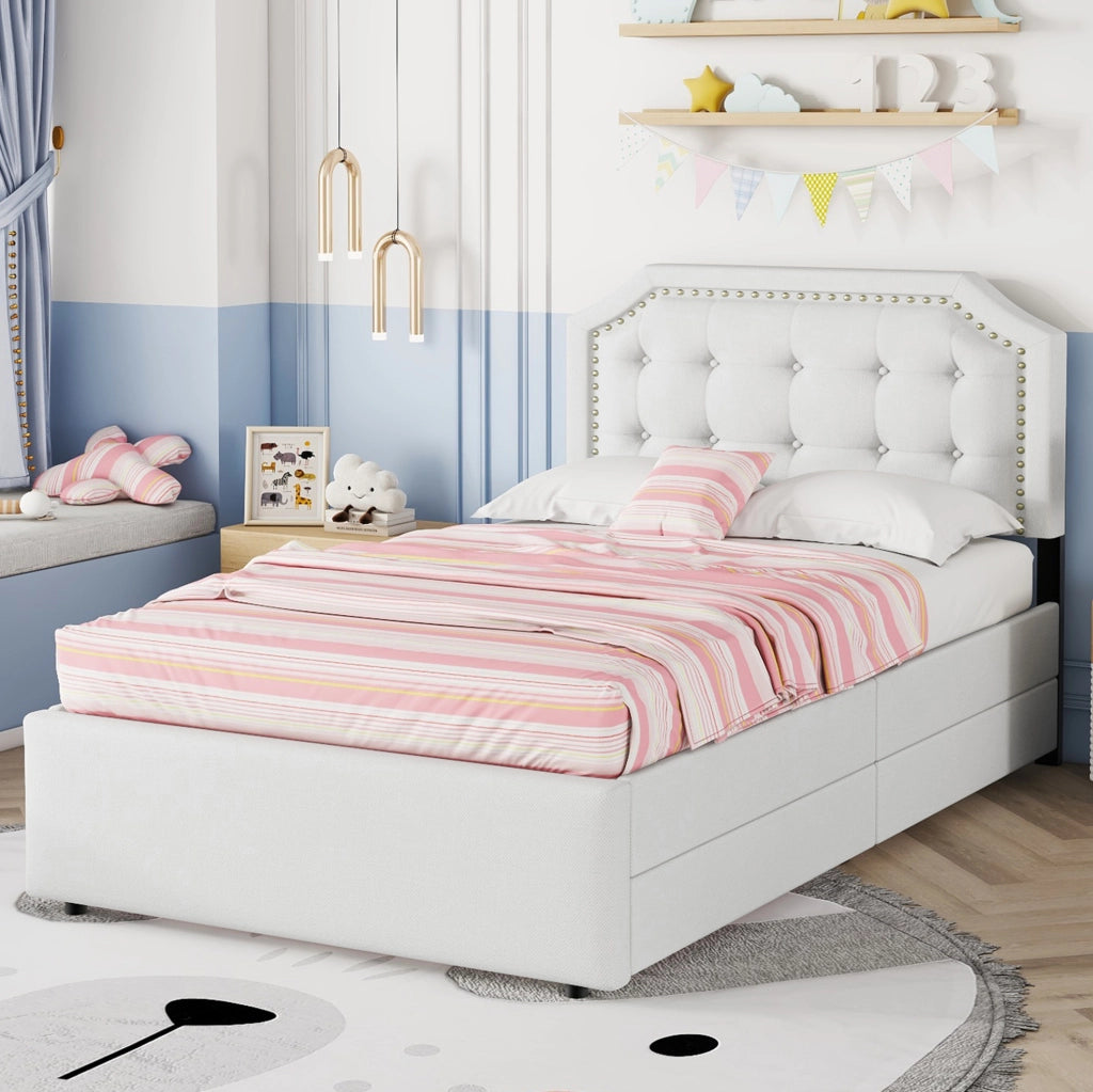 Letto imbottito 90x200 cm con cassetti; MDF e lino; beige chiaro