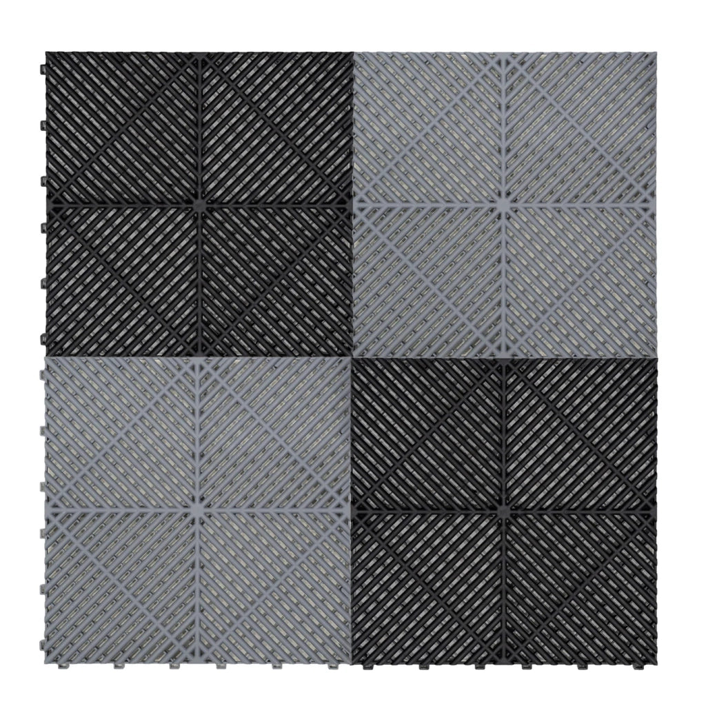 Piastrelle ventilate nere e grigie 6m x 6m per garage doppio e officine, antiscivolo.
