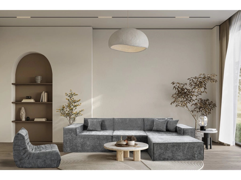 Divano componibile dritto con pouf in tessuto texturizzato "Lusso" - 4 posti - Grigio