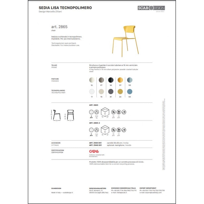 SET DA 4 SEDIA LISA TECNOPOLIMERO MADE IN ITALY SCAB DESIGN - Lino 11