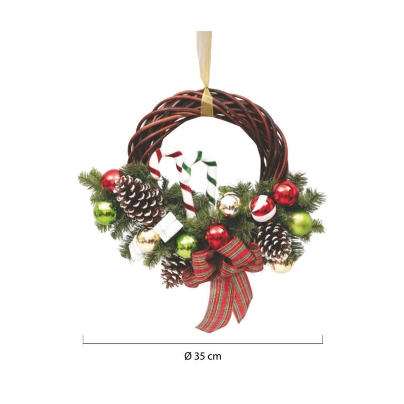 MAURY'S GHIRLANDA DI VIMINI PER NATALE CON DECORAZIONE DI RAMI E FIOCCO SCOZZESE DI 35 CM