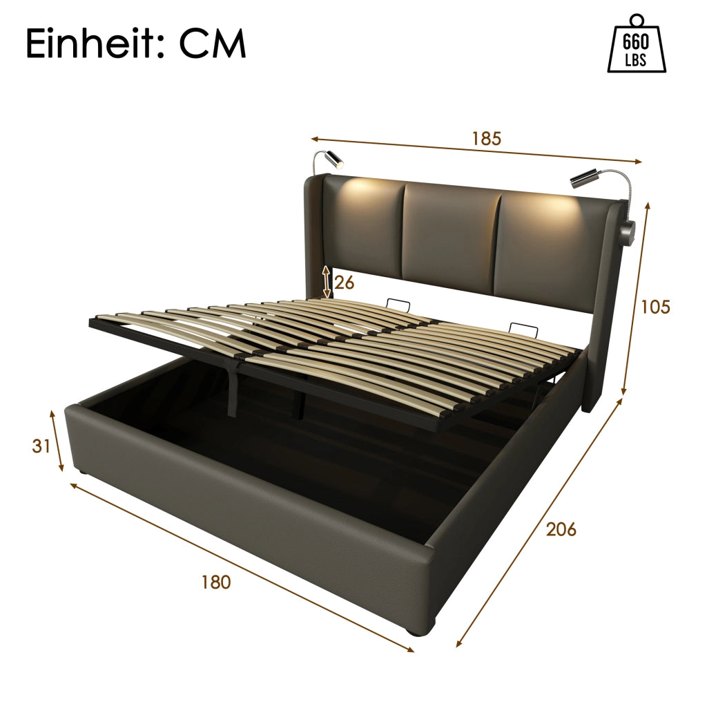 Letto matrimoniale 180x200 cm con contenitore; luce da lettura e 2 porte USB; grigio